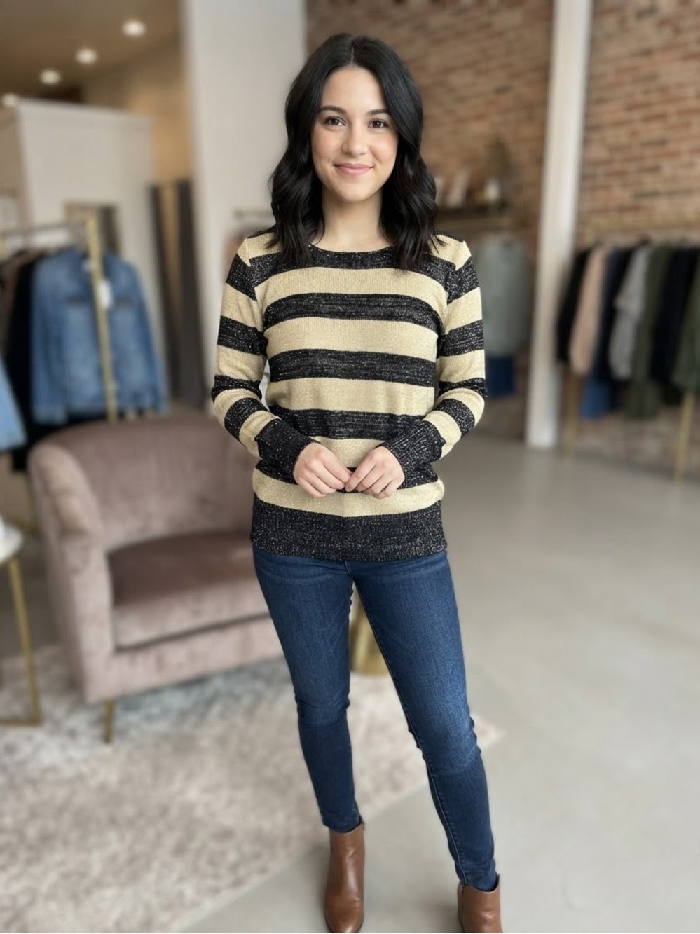 Metaphor Black and Cream Striped Crewneck Sweater